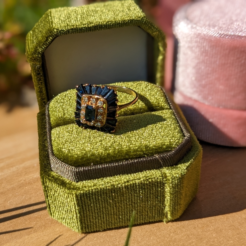 Vintage Sapphire Cocktail Art Deco Style Ring Accent Diamond 14K Yellow Gold 7.5